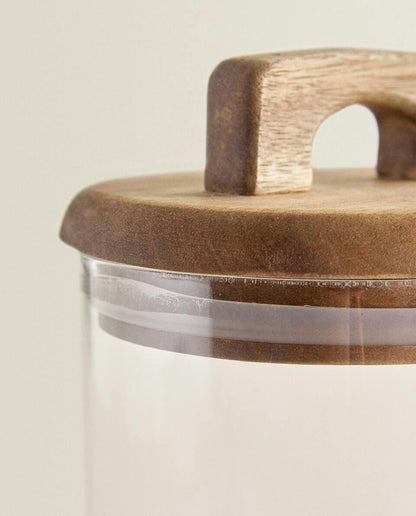 BOROSILICATE GLASS AND WOOD STORAGE JAR